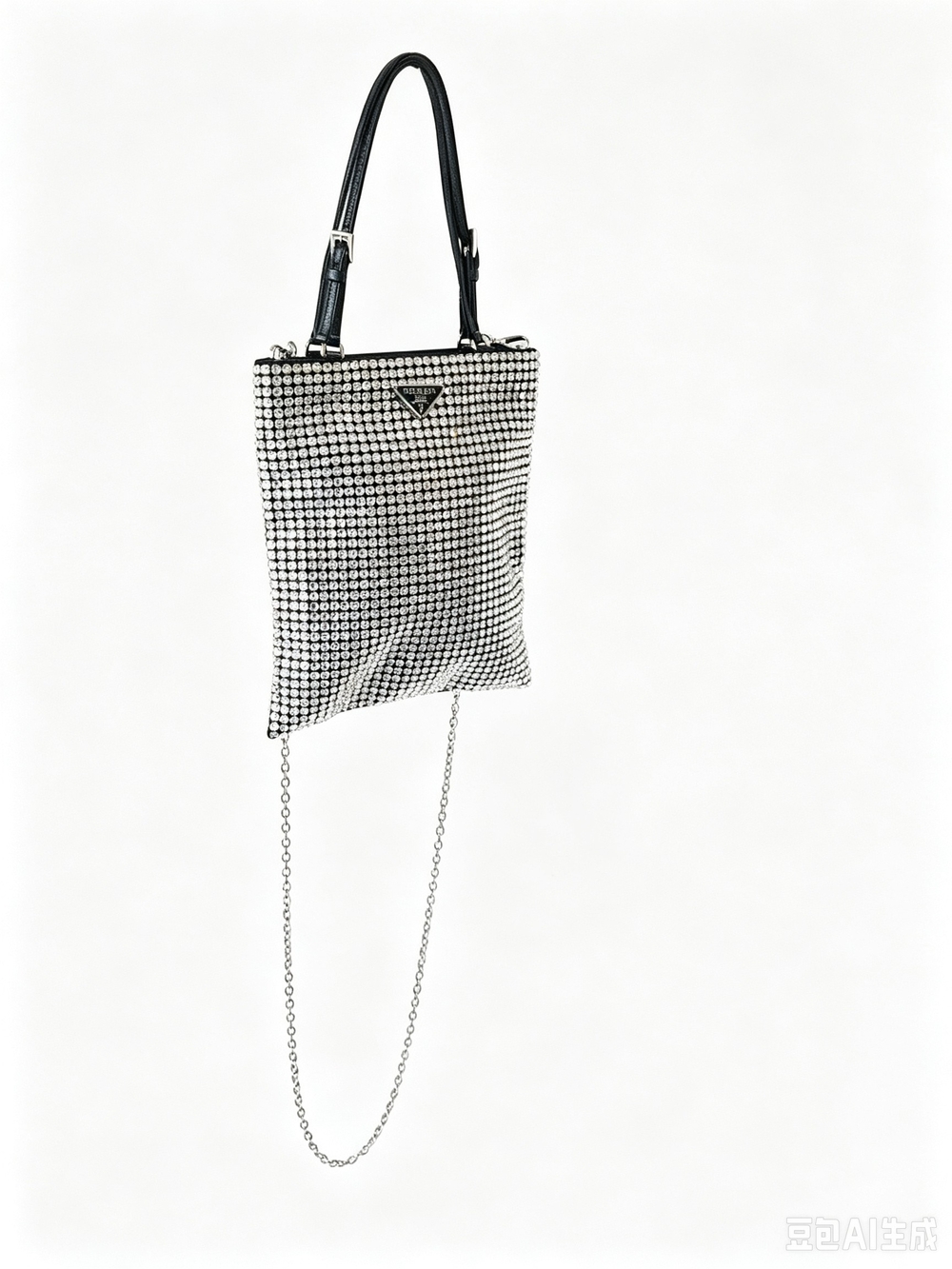 RADA Satin Crystal Metal Triangle Logo Chain Crossbody Handbag